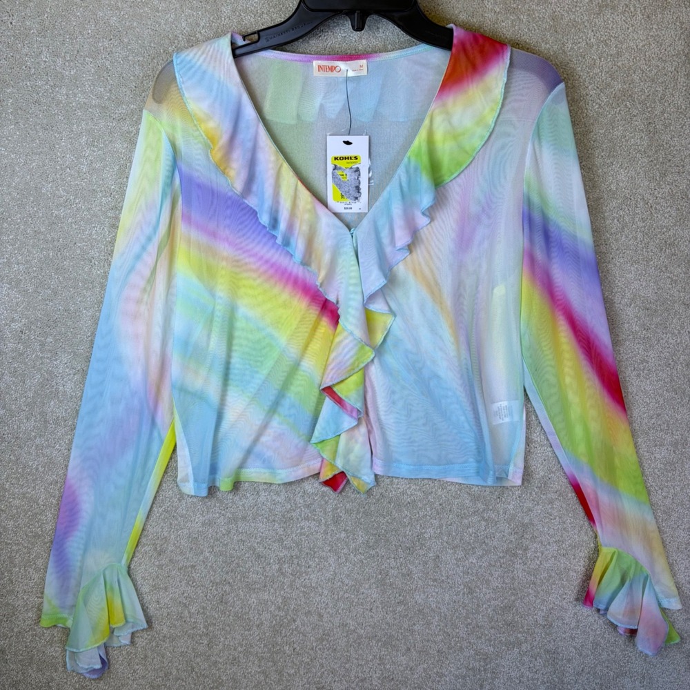 Intempo Sheer Cardigan‎ Top Womens Medium Rainbow Ruffle Mesh Long Sleeve NEW